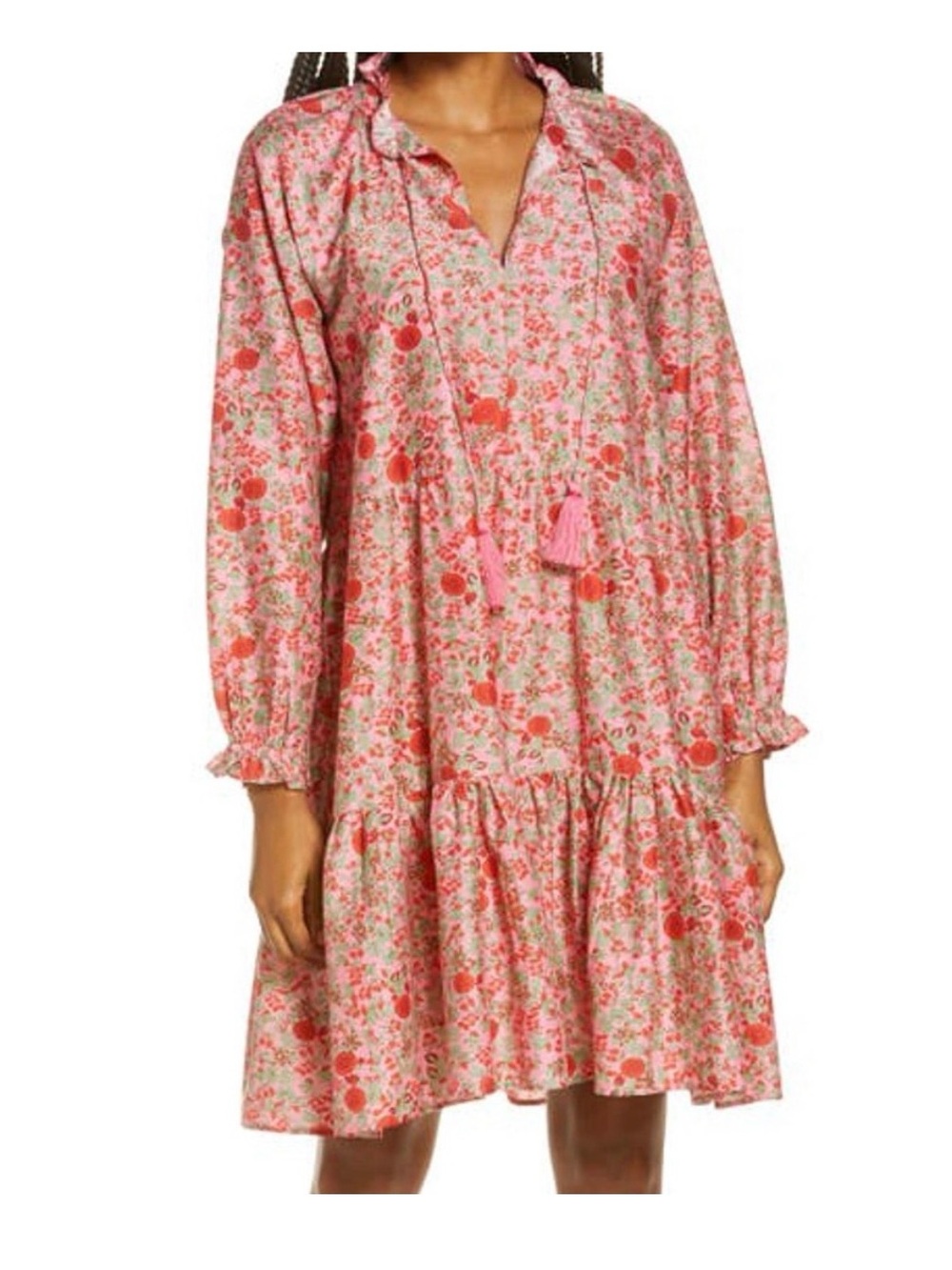 Roller Rabbit Pink Floral Tiered Long-Sleeve Dress